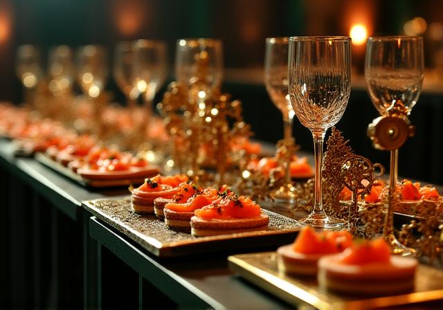 アンティークな時計の部品と高級感のある料理が並ぶテーブル