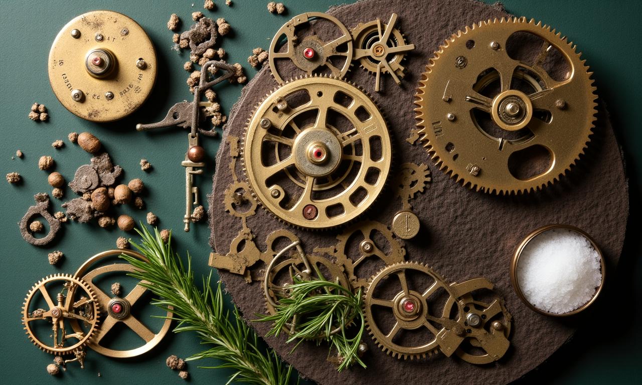 アンティークな時計の部品と厳選された食材が並ぶ様子
