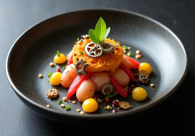 一皿の料理に配置された複数の歯車モチーフの装飾