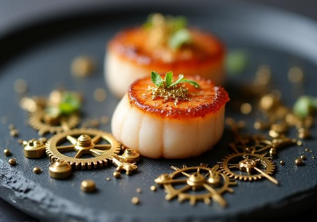 アンティークな時計の部品と高級食材の融合