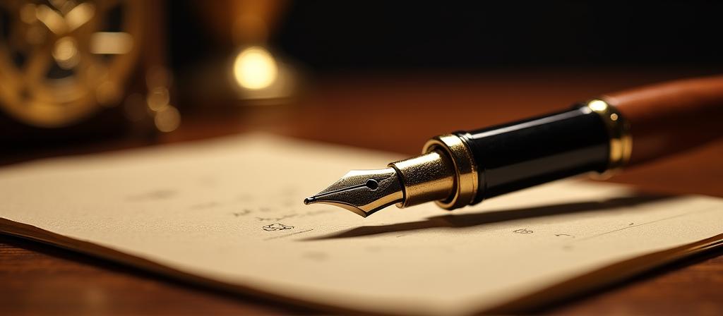 精密な時計の歯車と万年筆が置かれたアンティークなデスク