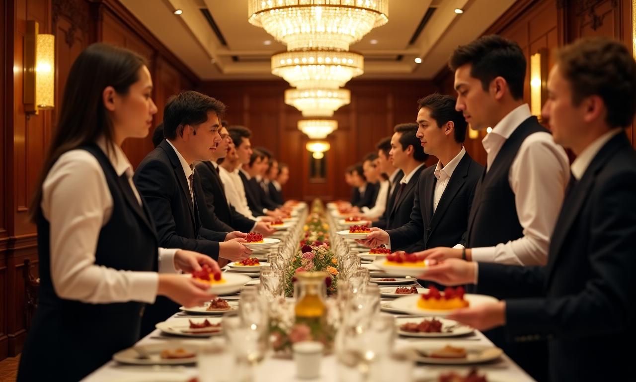 優雅なディナー会場にて、洗練されたタイミングで料理を運ぶスタッフ