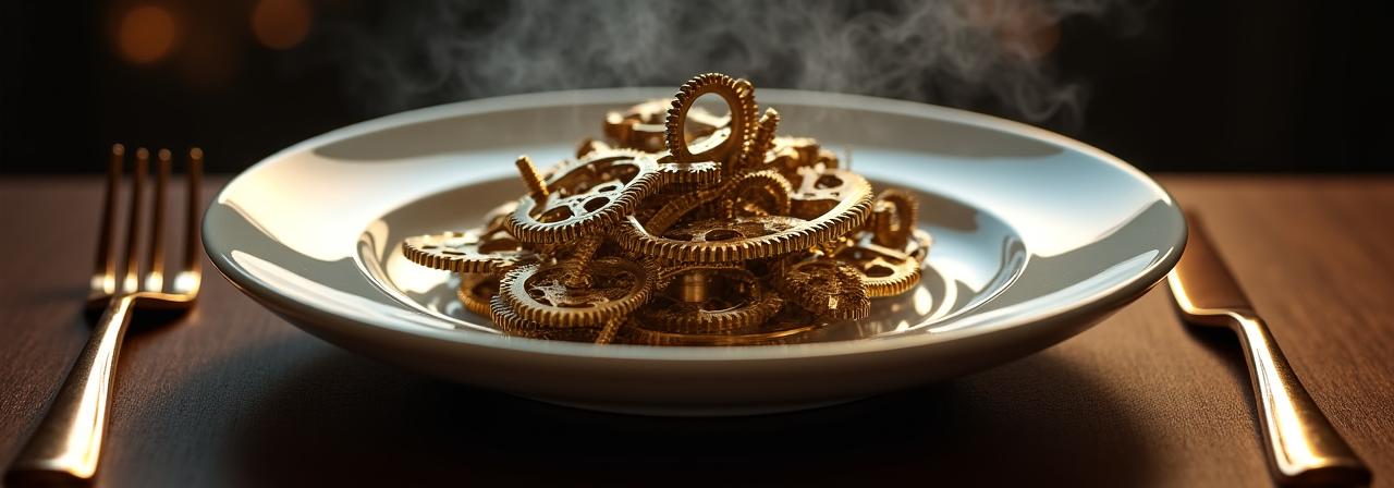 アンティークな時計の部品と高級感のあるカトラリーの静物