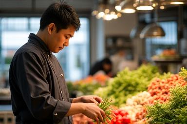 新鮮な食材を厳選するシェフの様子
